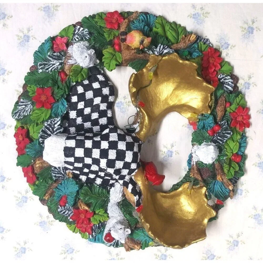 Christmas Wreath CHECKERED Whimsical resin 3D Moose squirrels cardinals OOAK